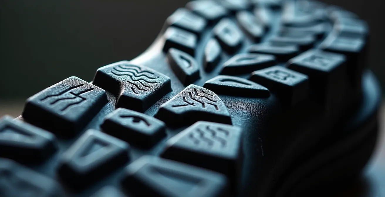 Détail macro d'une semelle de chaussure enfant montrant les textures et reliefs, symbolisant l'importance des sensations.