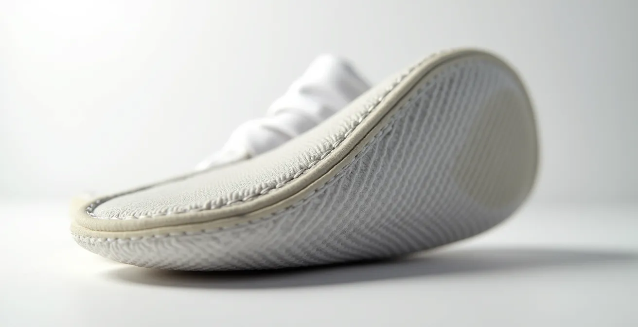 Vue macro détaillée de la semelle souple d'une chaussure enfant montrant la flexibilité et les matériaux