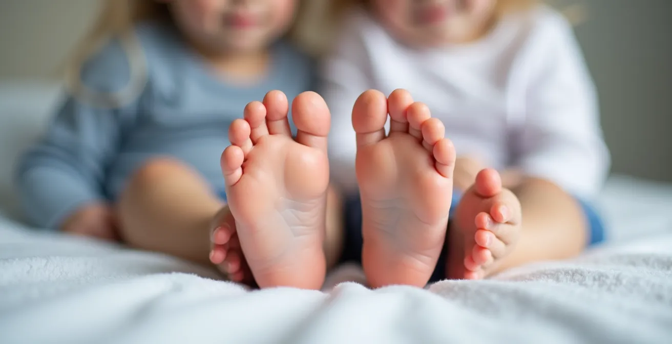 Pieds d'enfant montrant différentes colorations dues au froid, du rose au pâle