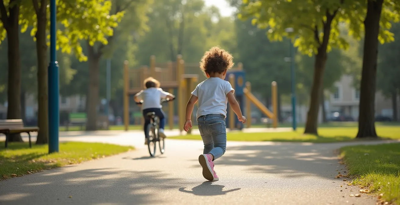 Enfant pratiquant différentes activités avec chaussures adaptées dans un parc urbain français