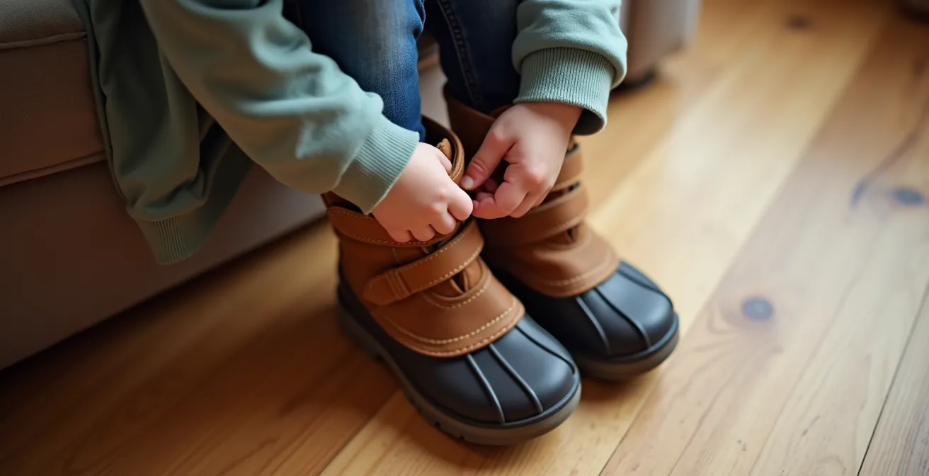 Mains d'un jeune enfant fermant avec concentration et succès le large scratch de sa bottine d'hiver.