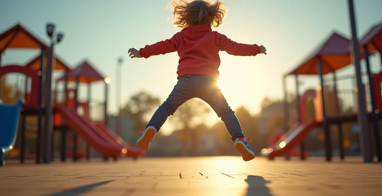Enfant jouant avec enthousiasme, portant des baskets colorées dans une posture de super-héros.