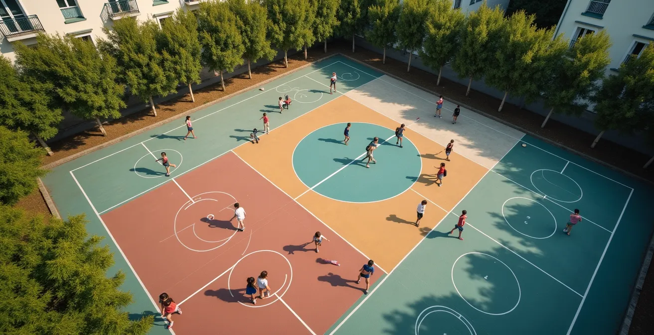Vue aérienne d'une cour d'école française montrant différentes zones de jeu et surfaces