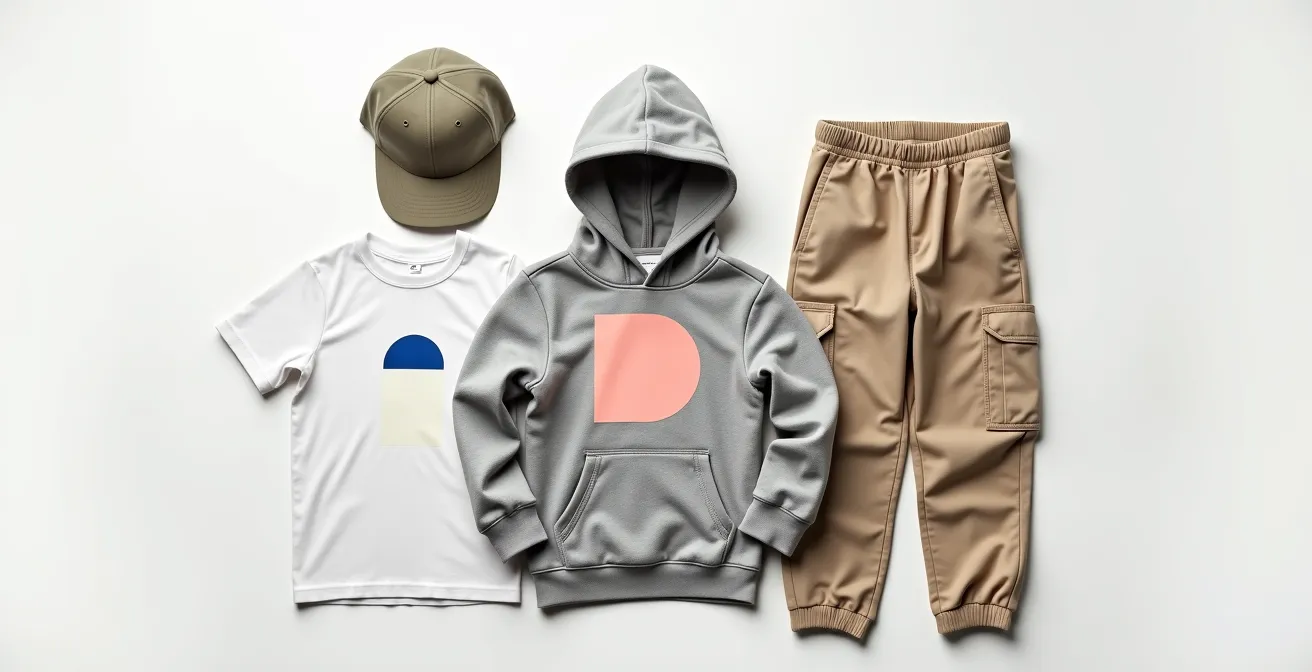 Composition minimaliste montrant l'équilibre parfait entre pièces avec et sans logos dans le streetwear enfant