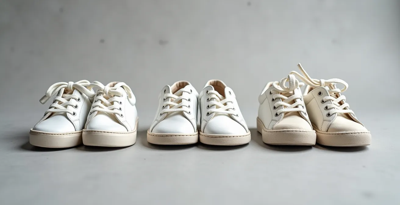 Trois paires de baskets blanches montrant différents stades d'usure alignées sur fond neutre