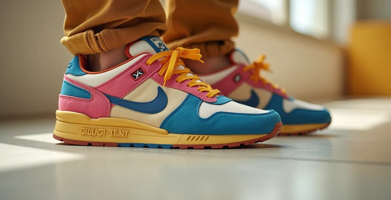 Gros plan sur des baskets color-block avec une tenue monochrome beige en arrière-plan, illustrant le concept d'écrin neutre.