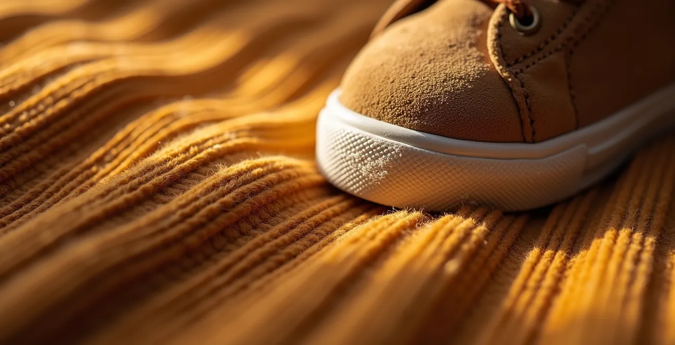 Gros plan sur l'association de textures entre basket en suède et pantalon en velours côtelé