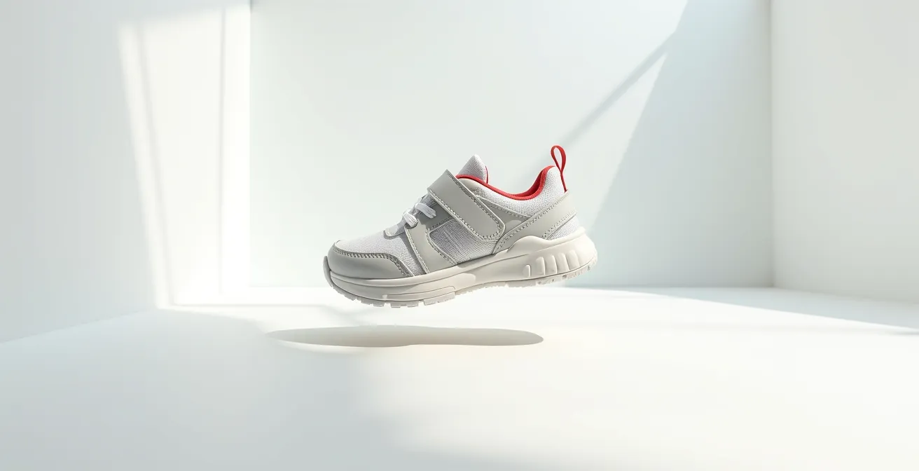 Vue éclatée d'une chaussure d'enfant montrant les 5 zones d'usure critiques à inspecter