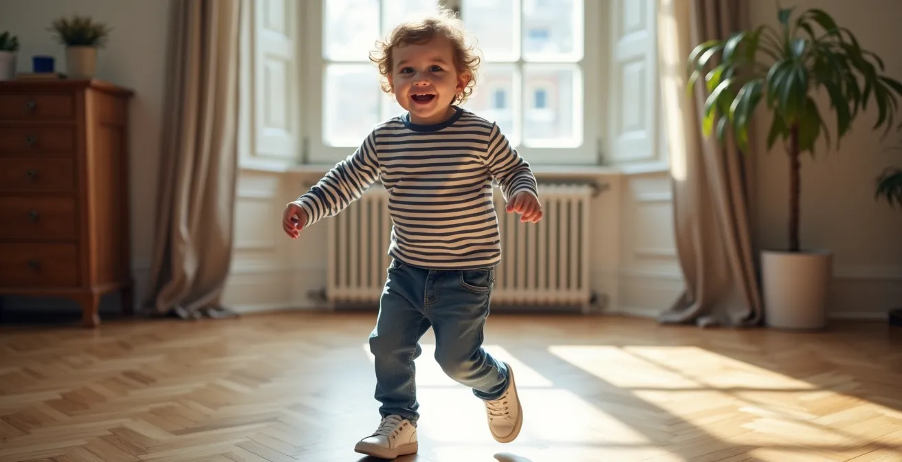 Enfant portant un jean brut avec une marinière et des baskets blanches dans un décor parisien épuré