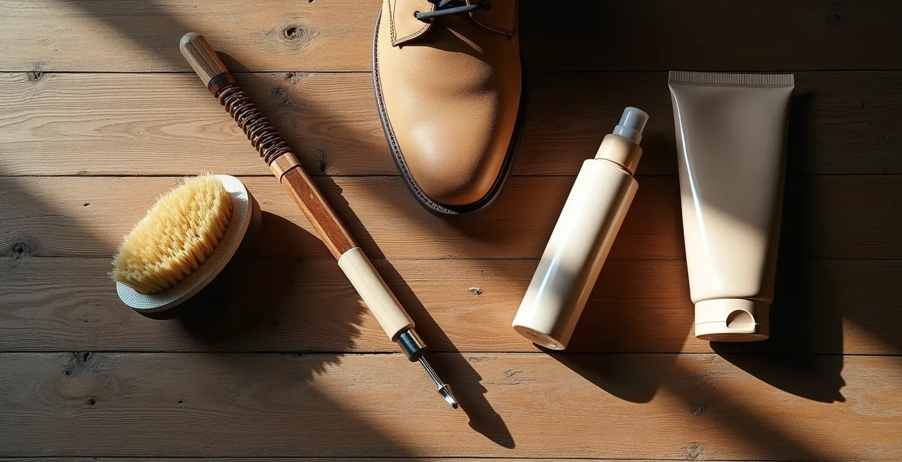 Kit d'entretien minimaliste pour chaussures enfant avec brosse, imperméabilisant et colle disposés sur une surface de travail