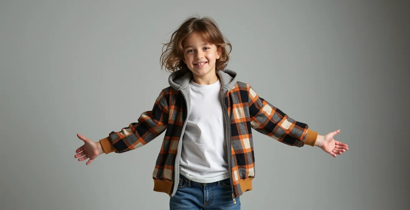 Enfant démontrant la technique du layering avec plusieurs couches de vêtements streetwear