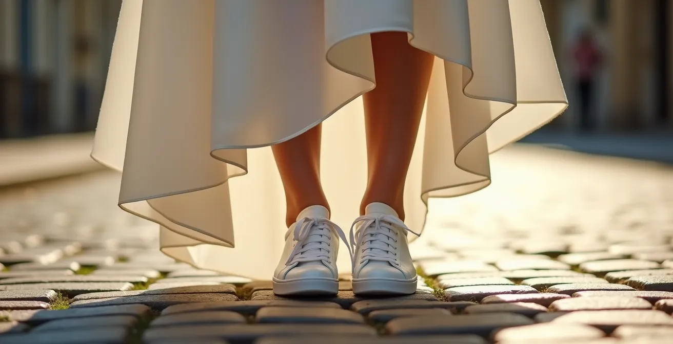 Jambes d'une mariée en robe fluide avec sneakers blanches en cuir sur pavés parisiens