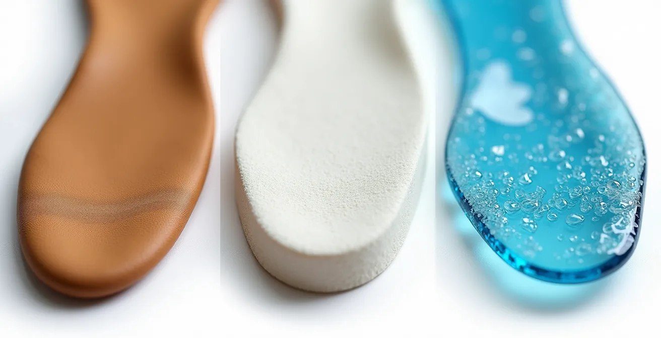 Vue macro détaillée de différents matériaux de semelles montrant les textures du cuir, de la mousse et du gel