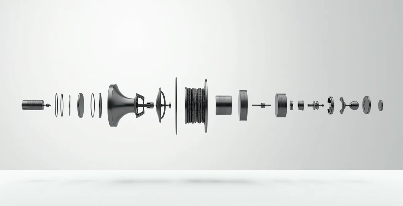 Système de laçage rapide démonté montrant le mécanisme de blocage et les composants