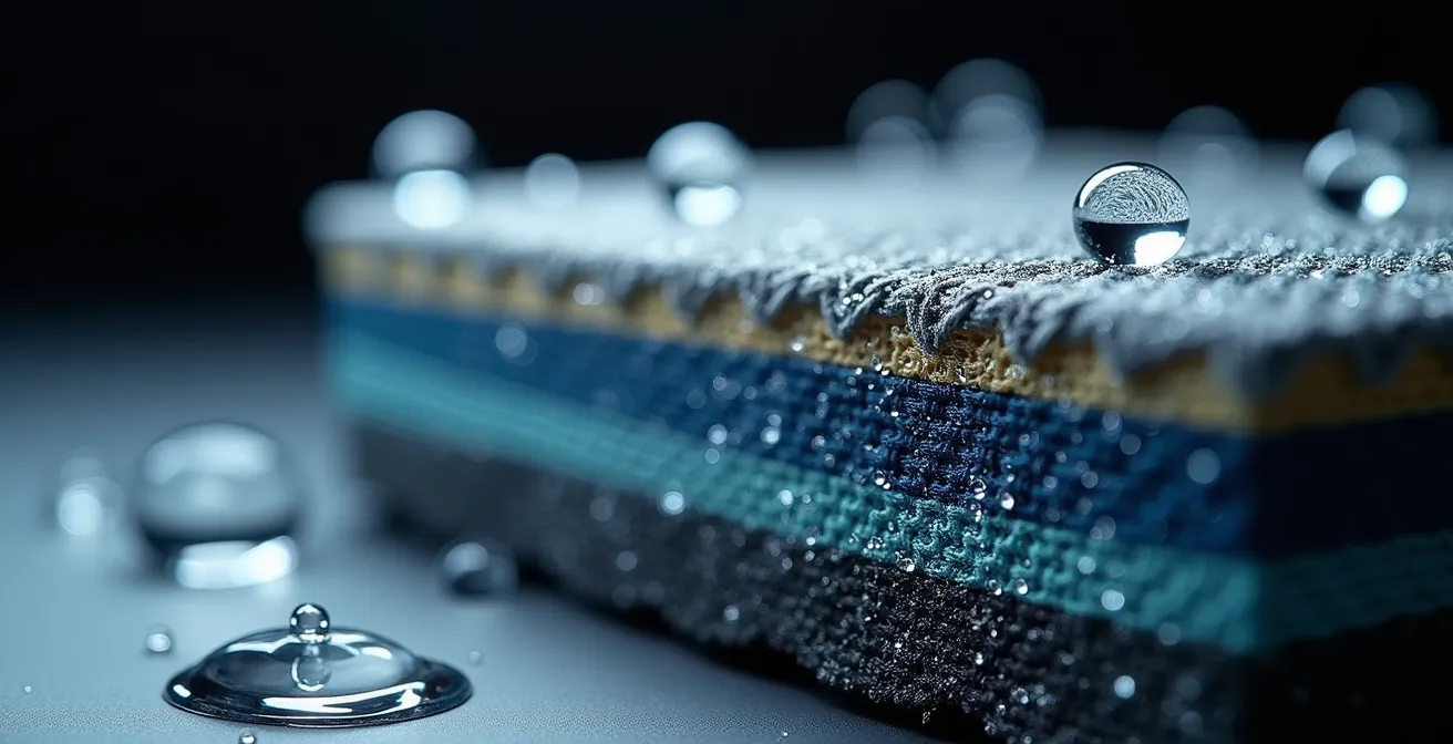 Coupe transversale d'une bottine montrant les couches imperméables et respirantes avec des gouttes d'eau en surface.