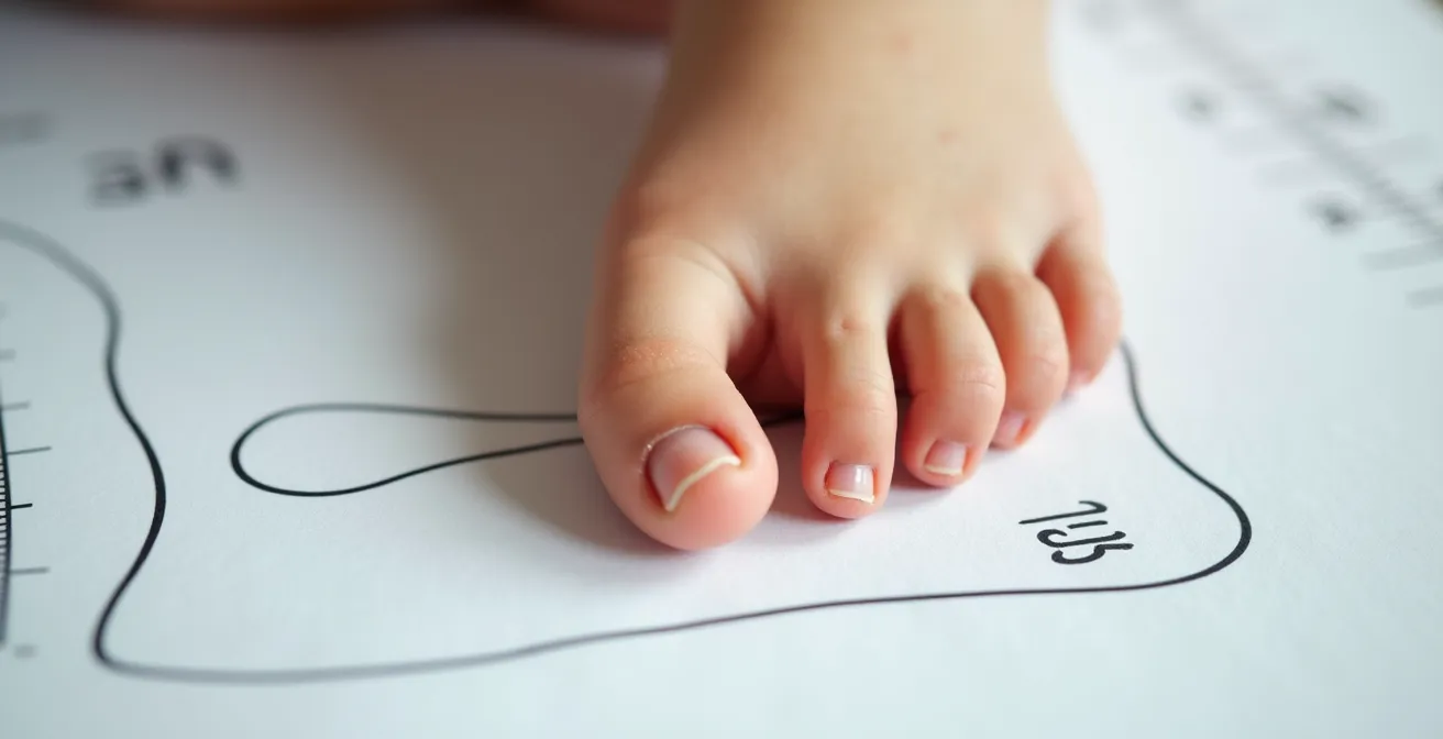 Gros plan macro sur un pied d'enfant posé sur une feuille blanche avec des marques de mesure, montrant la technique de mesure de la largeur