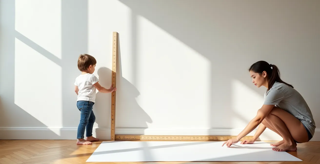 Enfant debout contre un mur avec pied posé sur une feuille pour mesure