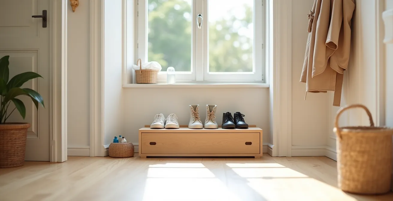 Vue d'ensemble d'une entrée de maison française avec rangement de chaussures d'enfant organisé par activité