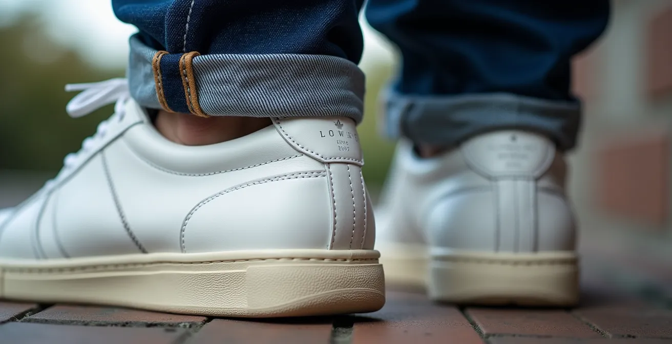 Gros plan sur un ourlet de jean parfaitement retroussé avec une basket basse en cuir blanc