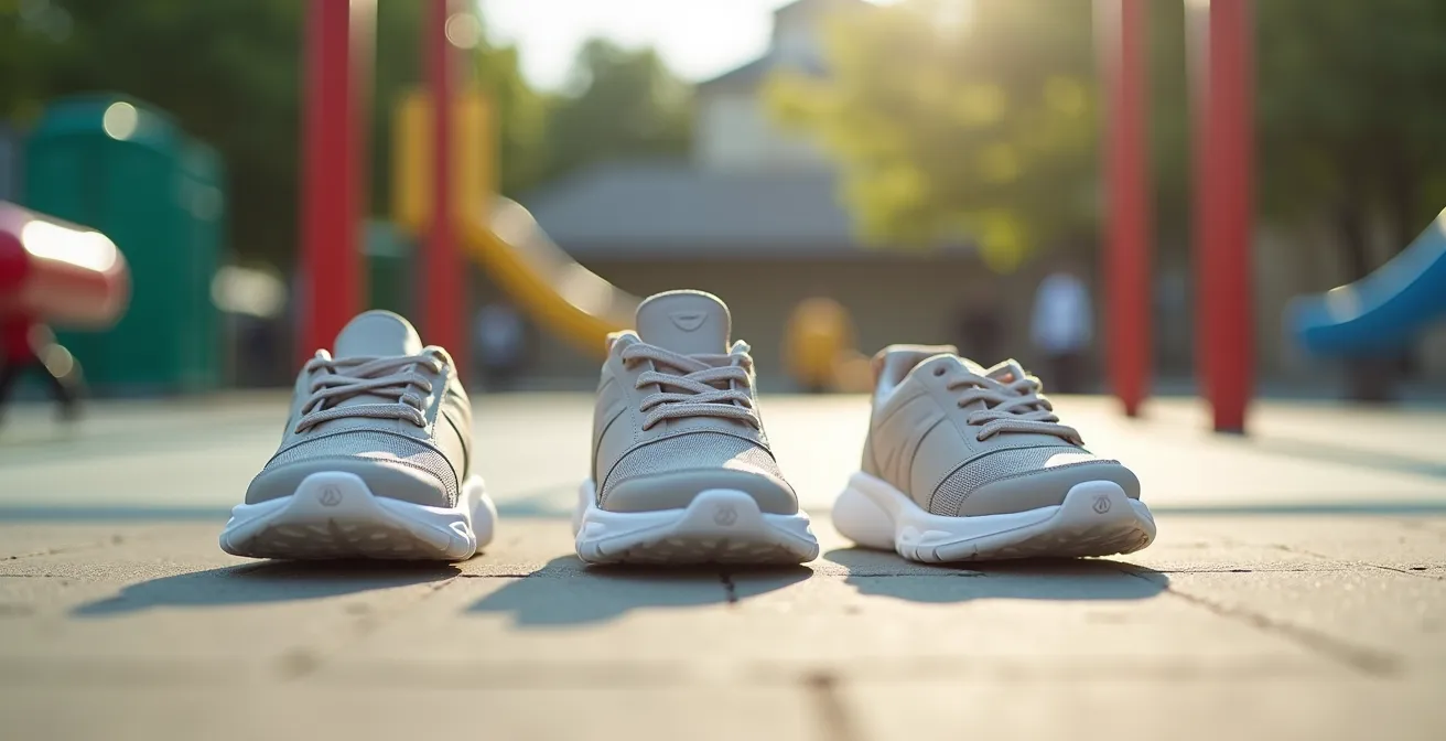 Trois chaussures enfant montrant différents niveaux de protection avec pare-pierres, du simple renfort au bouclier intégral