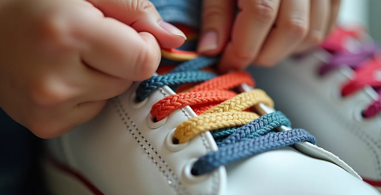 Mains d'enfant et d'adulte changeant des lacets colorés sur des baskets blanches