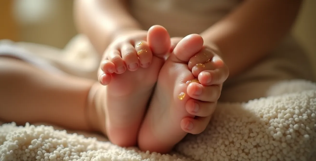 Moment de soin des pieds entre parent et enfant dans une ambiance douce et ludique