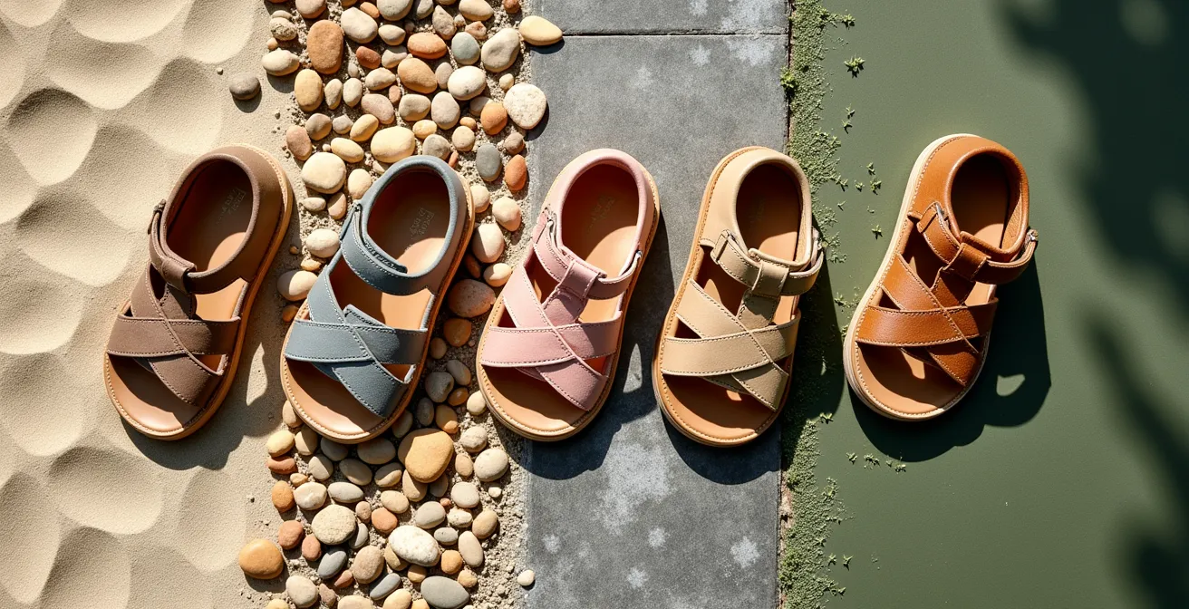 Collection de différents types de sandales enfant disposées sur surface naturelle représentant divers terrains