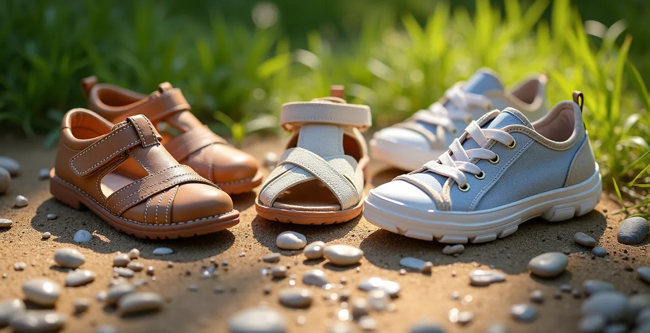 Différents types de chaussures d'été alignées pour activités variées