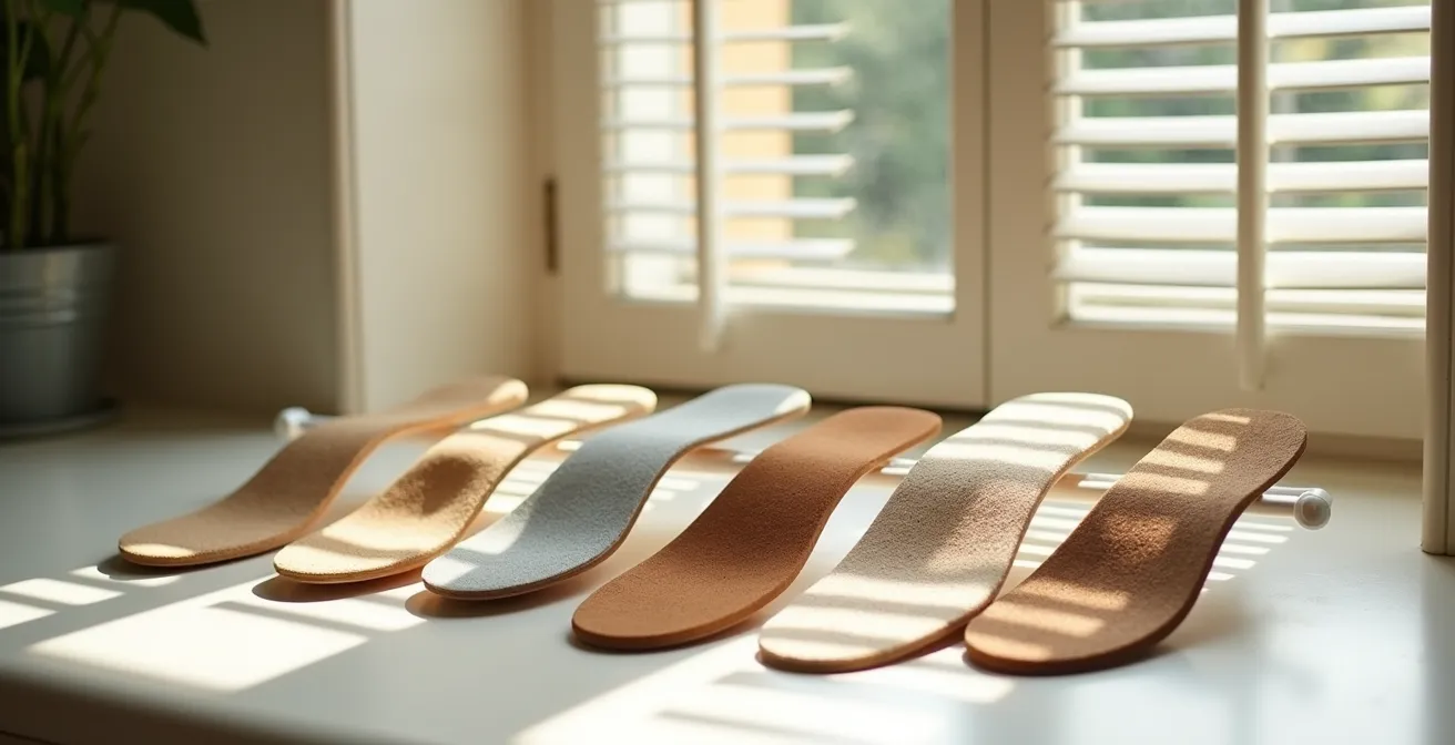 Plusieurs paires de semelles amovibles disposées pour sécher près d'une fenêtre ensoleillée