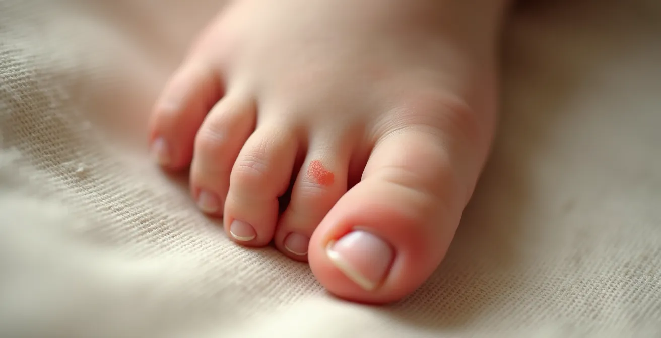 Gros plan sur un pied d'enfant montrant les zones de pression et marques rouges après retrait de chaussures trop petites