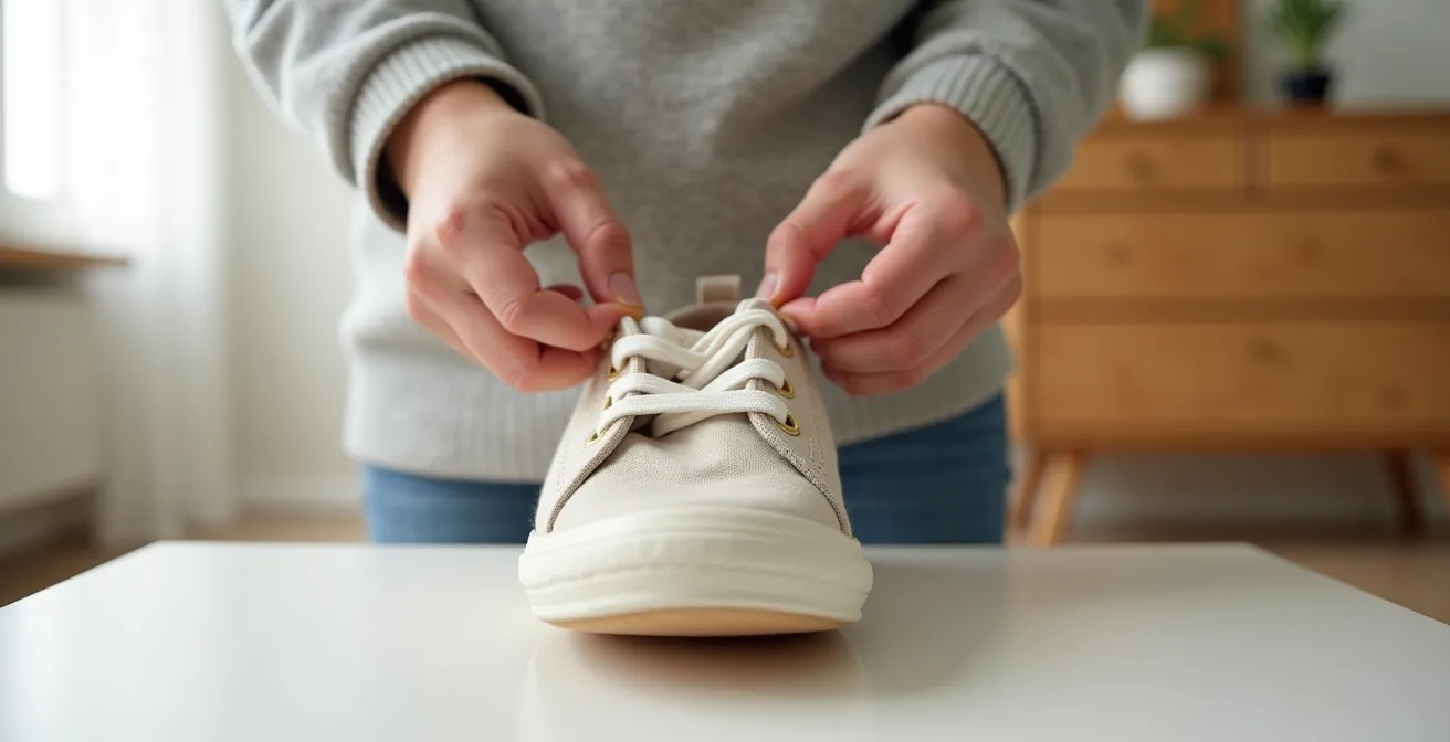Mains testant la souplesse d'une chaussure d'enfant en la pliant