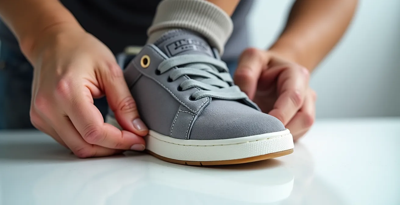 Mains testant la flexibilité et le maintien d'une chaussure basse pour enfant