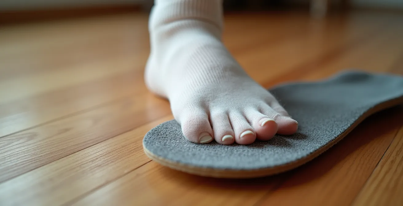 Vue en plongée d'un pied d'enfant posé sur une semelle amovible pour vérifier la taille