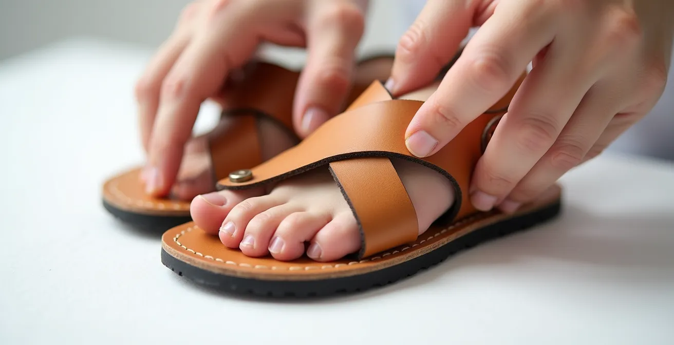 Mains d'adulte effectuant le test de torsion sur une sandale enfant en cuir souple