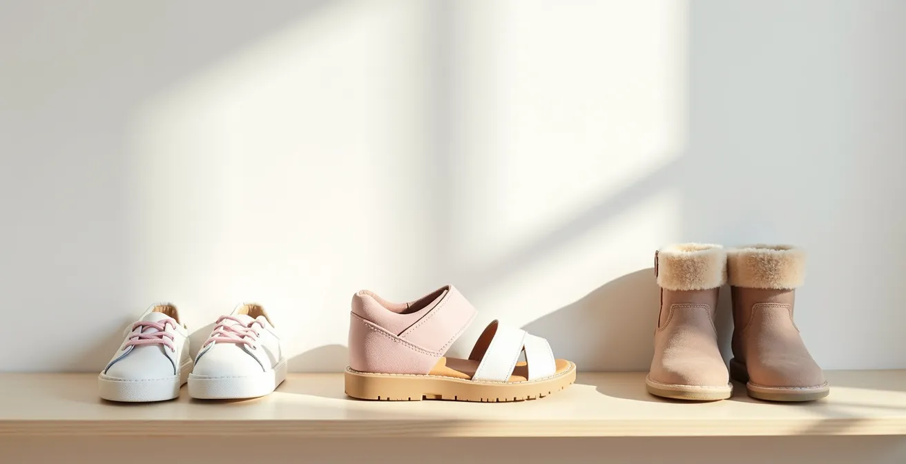 Trois paires de chaussures colorées pour enfant alignées sur une étagère en bois, incarnant le principe du choix limité.