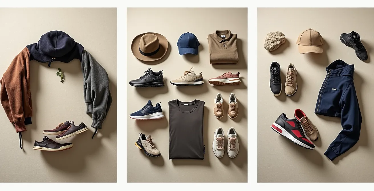 Trois styles vestimentaires différents avec baskets pour enfants illustrant les tendances françaises