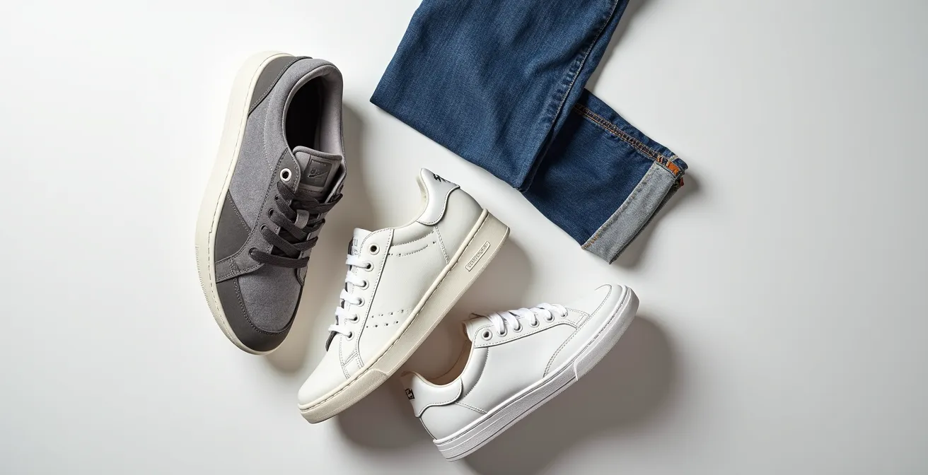 Composition minimaliste montrant trois styles de baskets avec leurs tenues associées