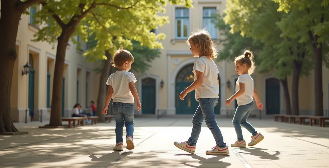 Trois enfants dans une cour d'école montrant différents styles vestimentaires